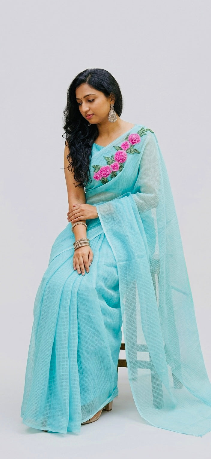Sea Bloom-embroidered Kota saree