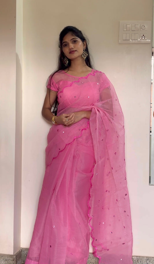 Pink mirror work kota saree