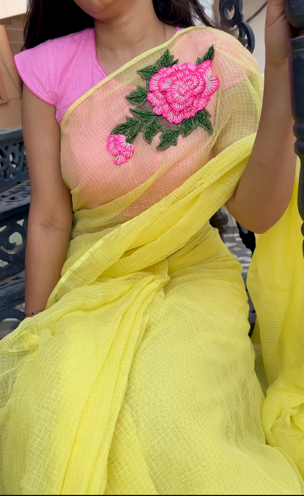 Pink embroidered butter yellow kota saree