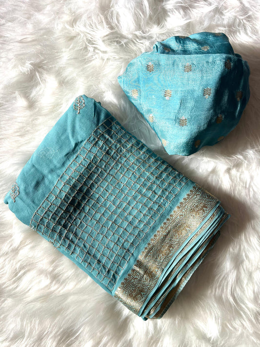 Skyblue pure viscose georgette saree available