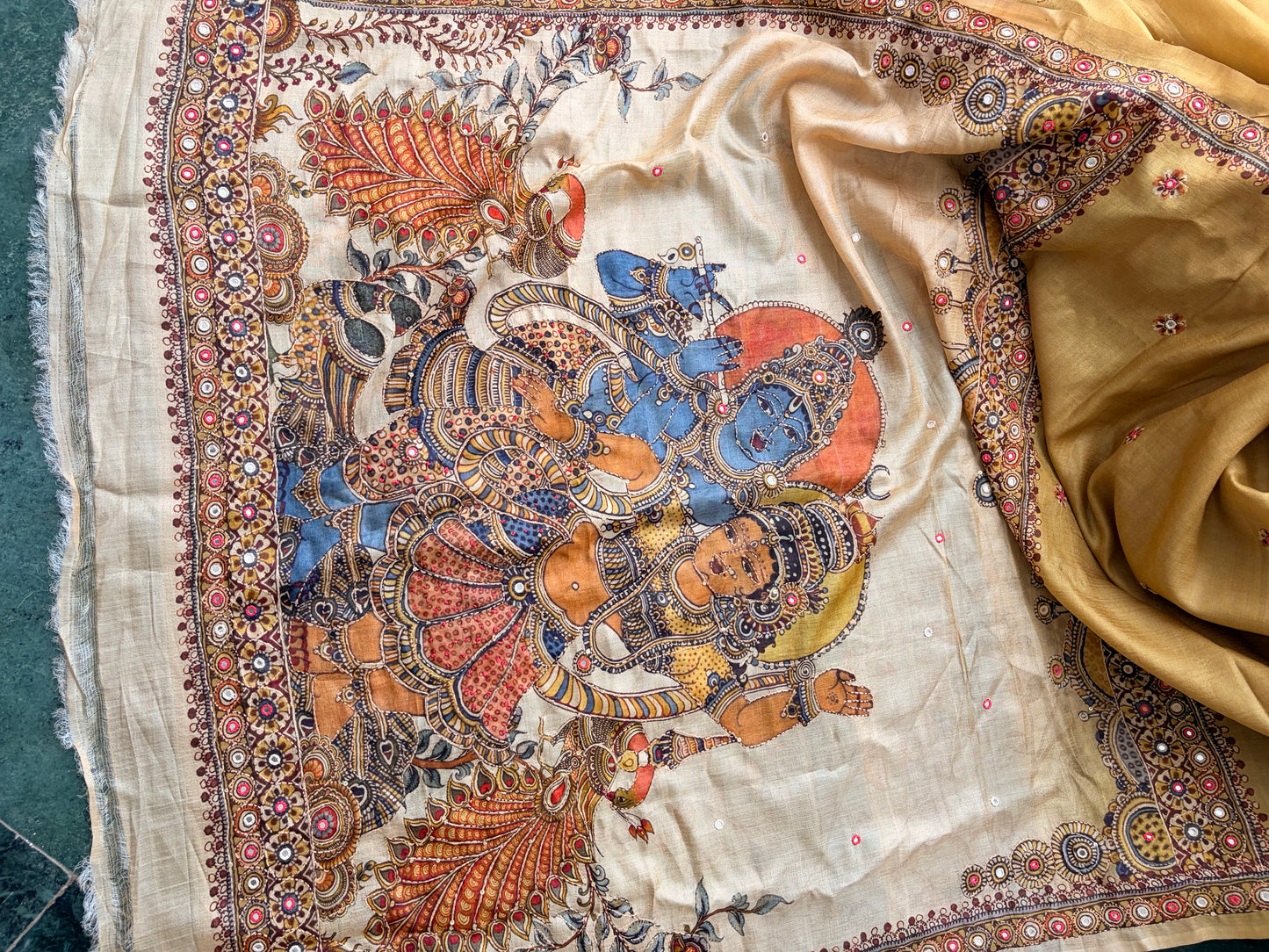 Mustard gold Pure Tussar Radha Krishna saree