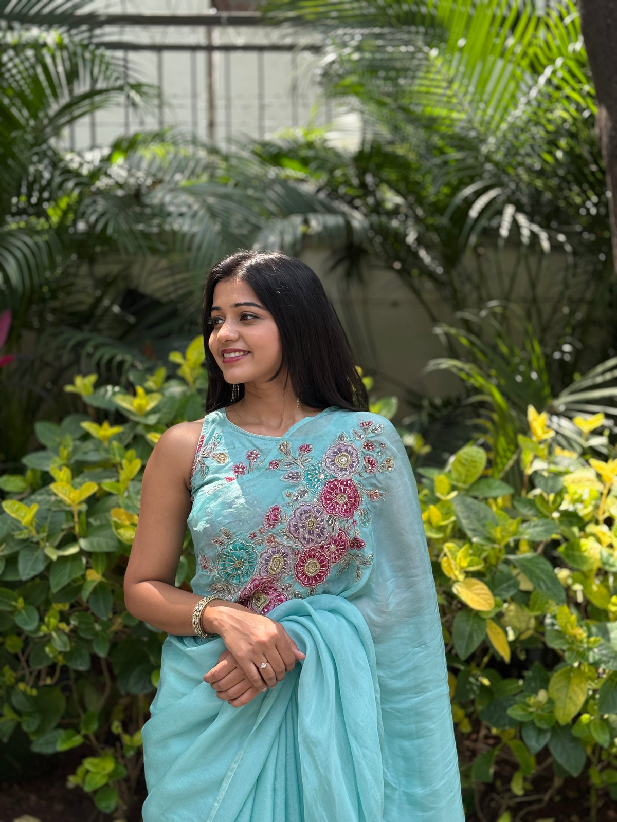 Aqua blue floral embroidered saree