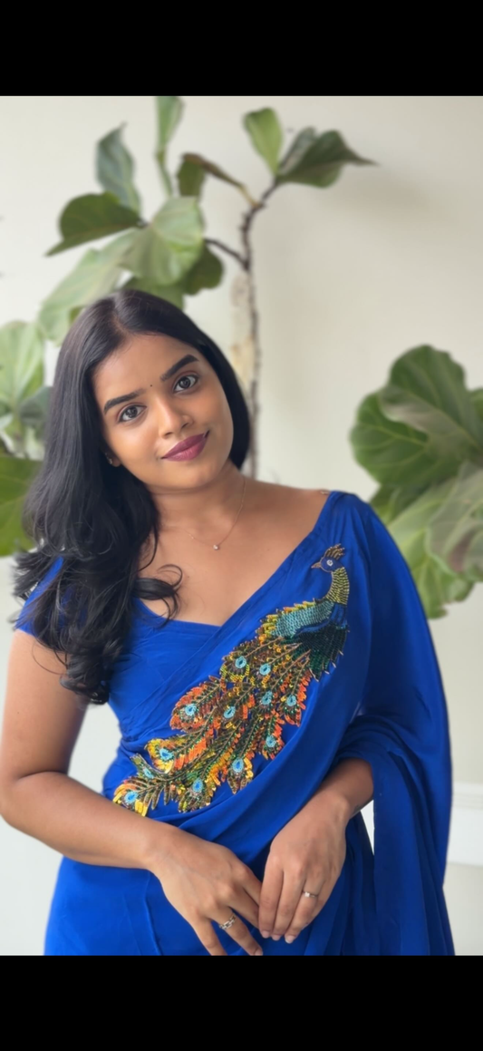 Royal Blue Peacock Embroidered Saree