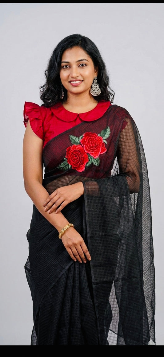 Black rose embroidered kota saree