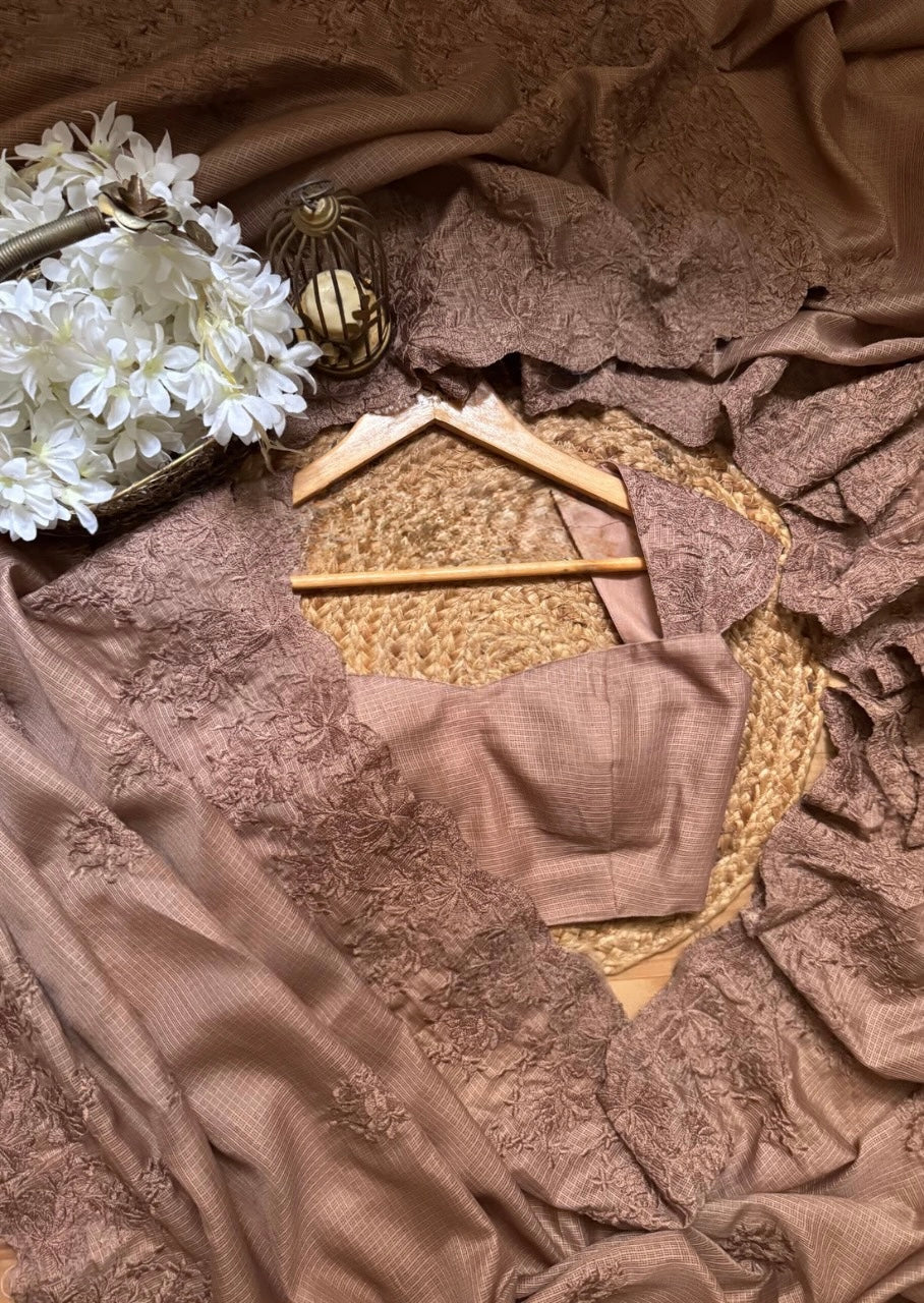 Coffee embroidered saree