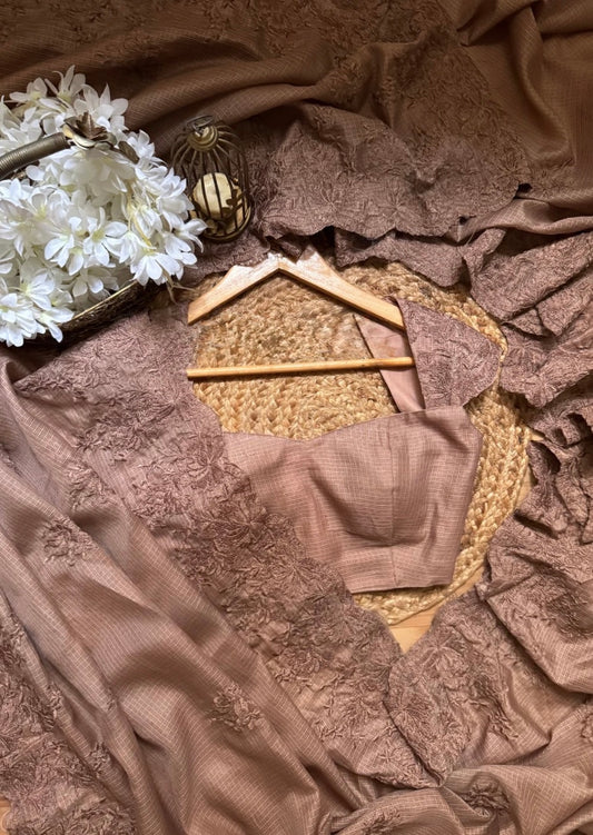 Coffee embroidered saree