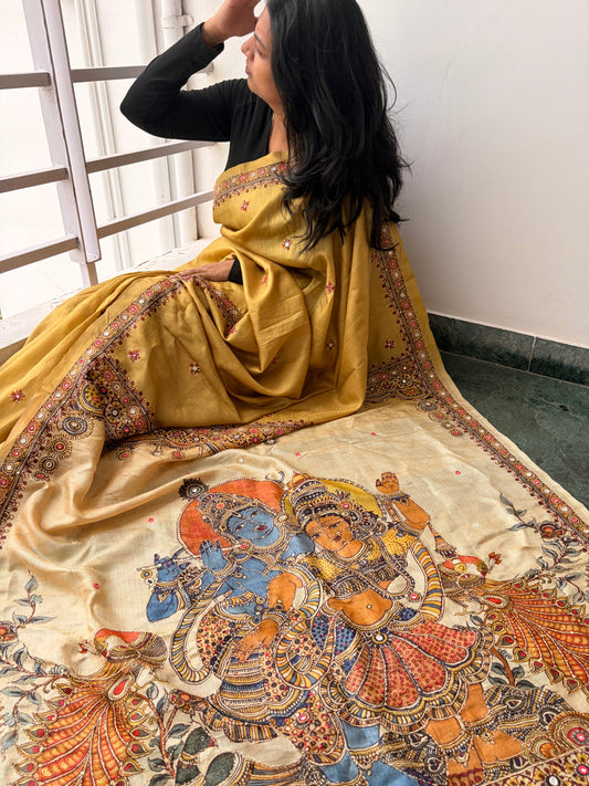 Mustard gold Pure Tussar Radha Krishna saree