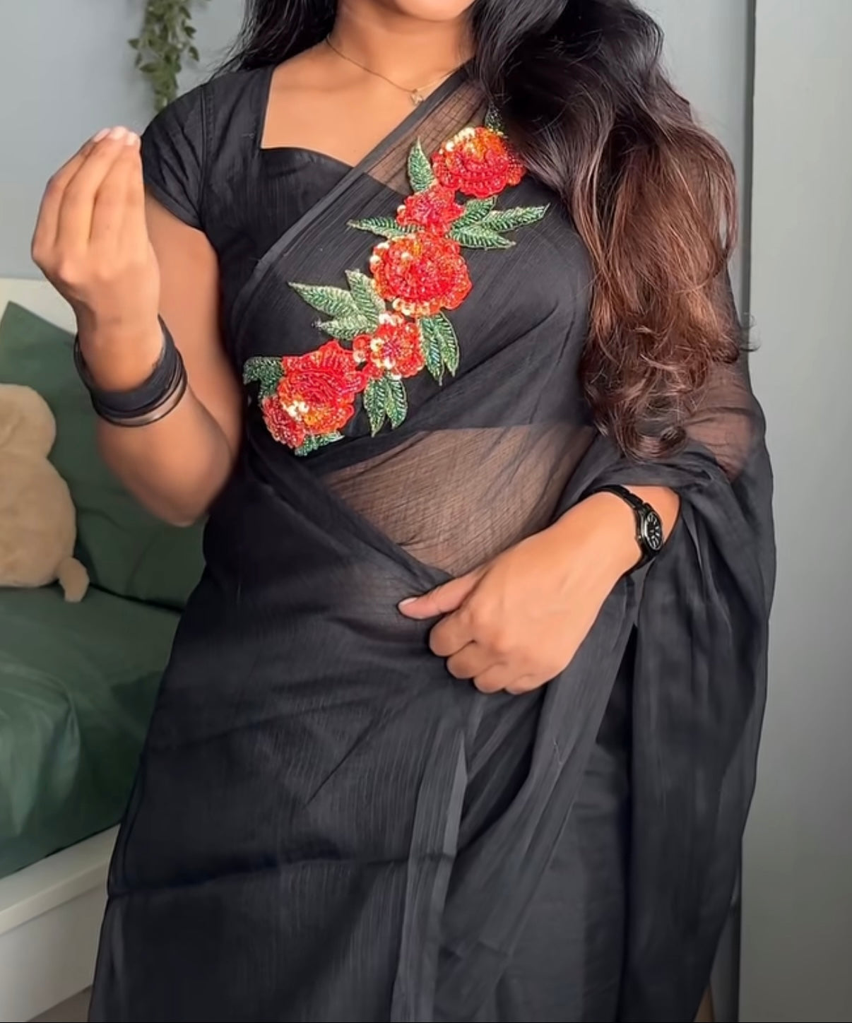 Black kota saree with red embroidery rose