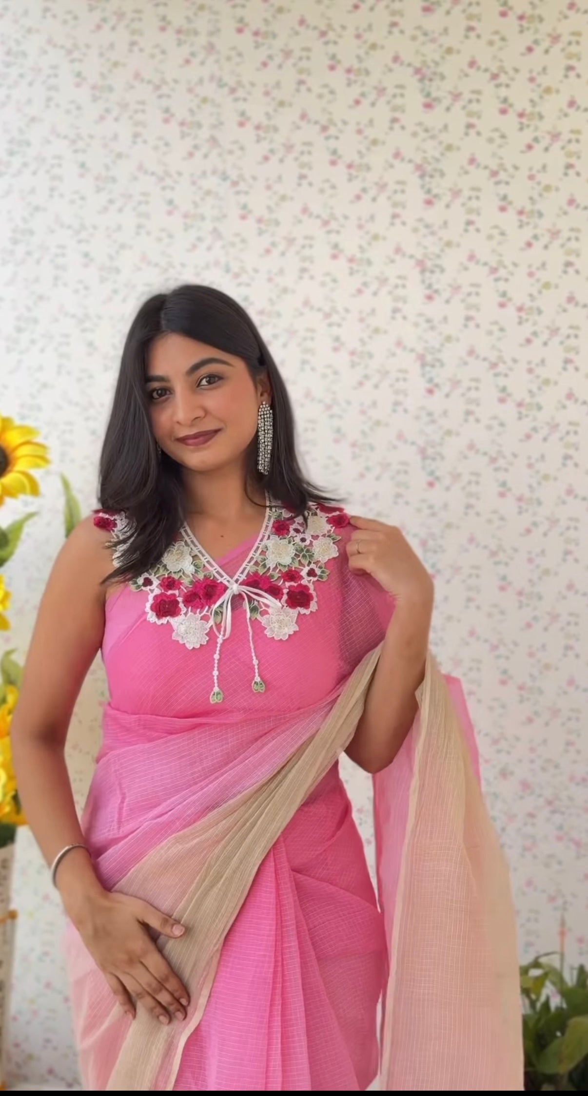 Kota ombrae shade saree with floral cape design