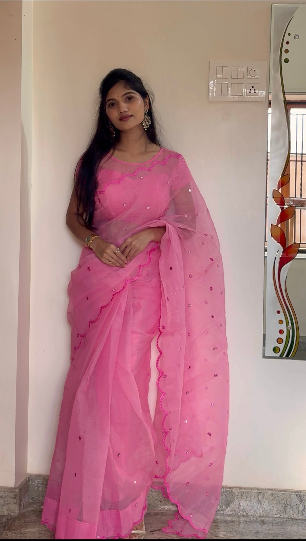 Pink mirror work kota saree
