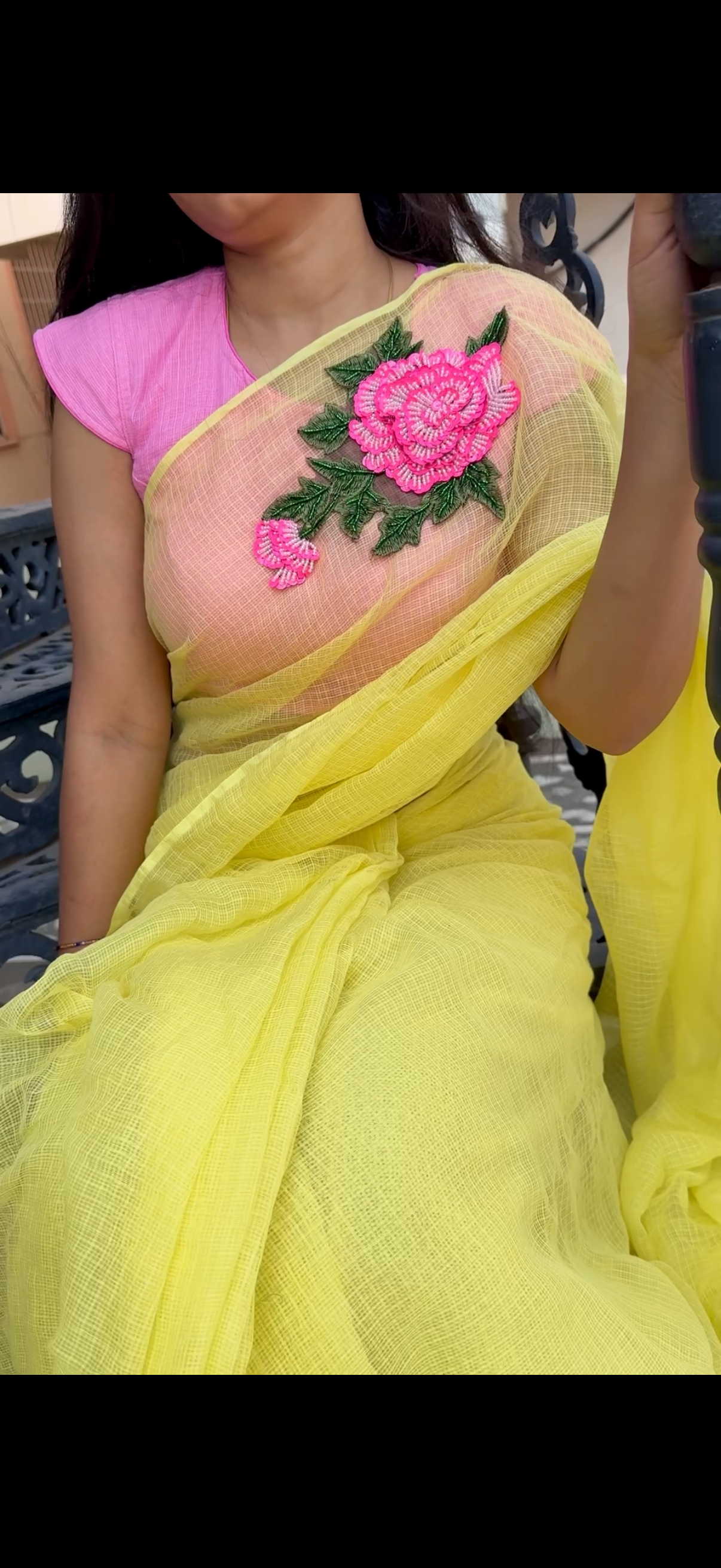 Pink embroidered butter yellow kota saree