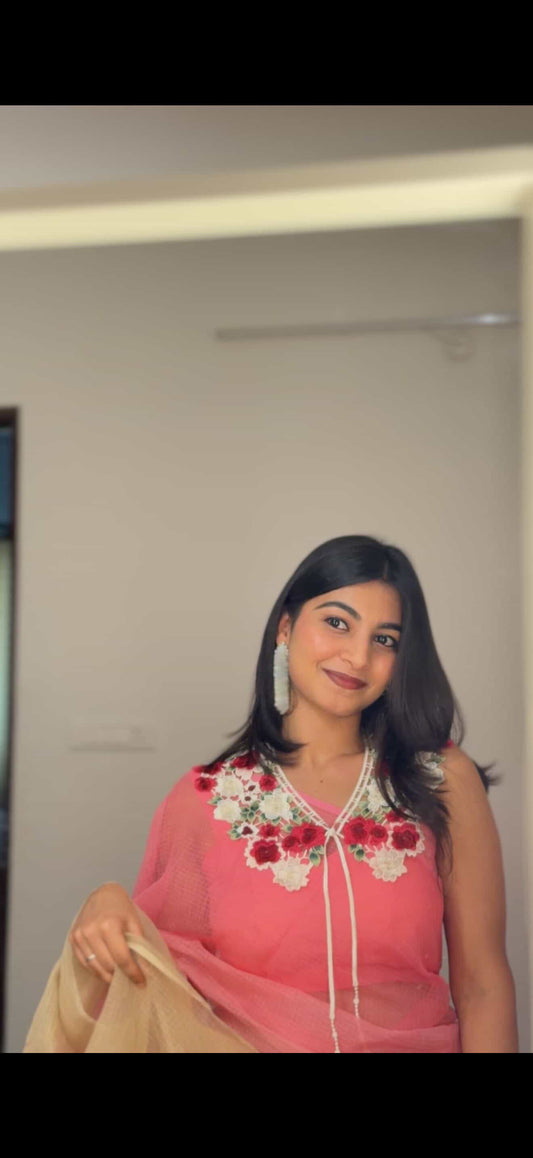 Kota ombrae shade saree with floral cape design