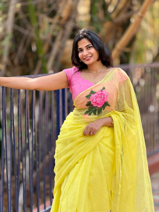 Pink embroidered butter yellow kota saree